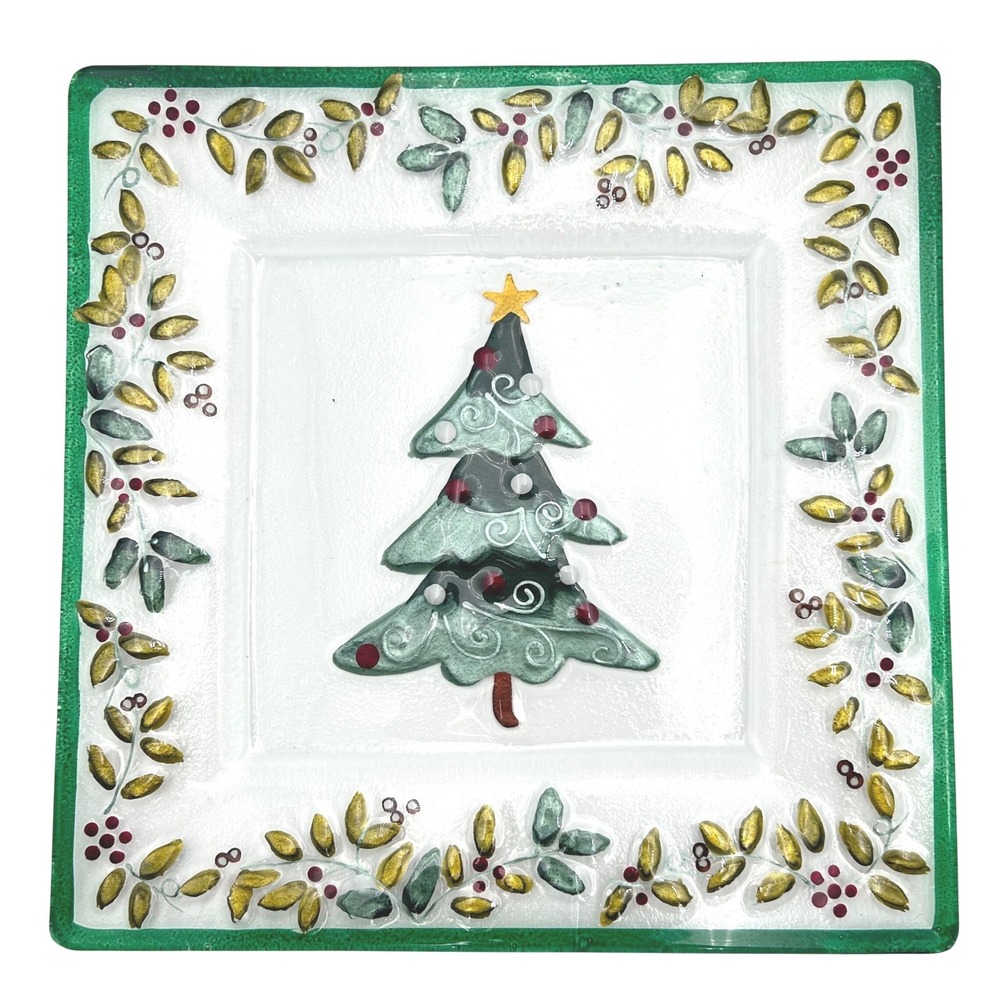 New Christmas Tree Handcrafted Glass Square Platter Gold Star Green Leaf Border